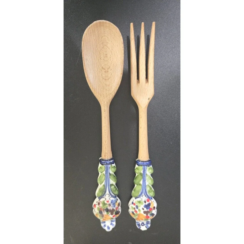 Italian Style Hand Painted Ceramic Salad Servers Wood